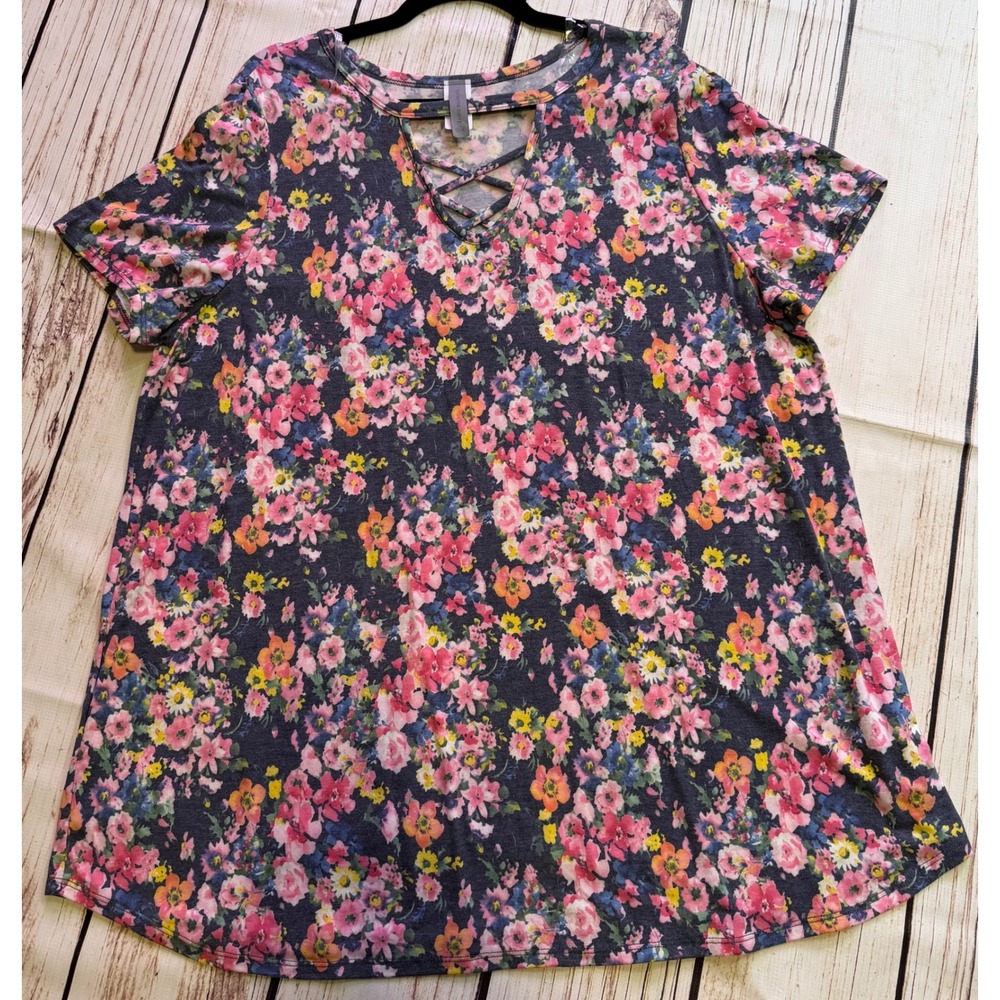 Honeyme Curvy Floral Lattice Neck Short Sleeve Top Navy Pink XXXL Plus Size